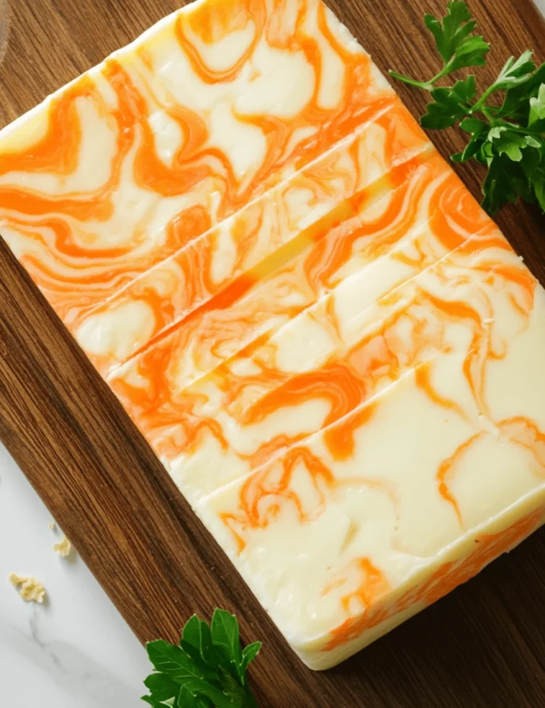 Colby Jack cheese slices with vibrant orange and white marbling on a wooden cutting board, garnished with fresh parsley