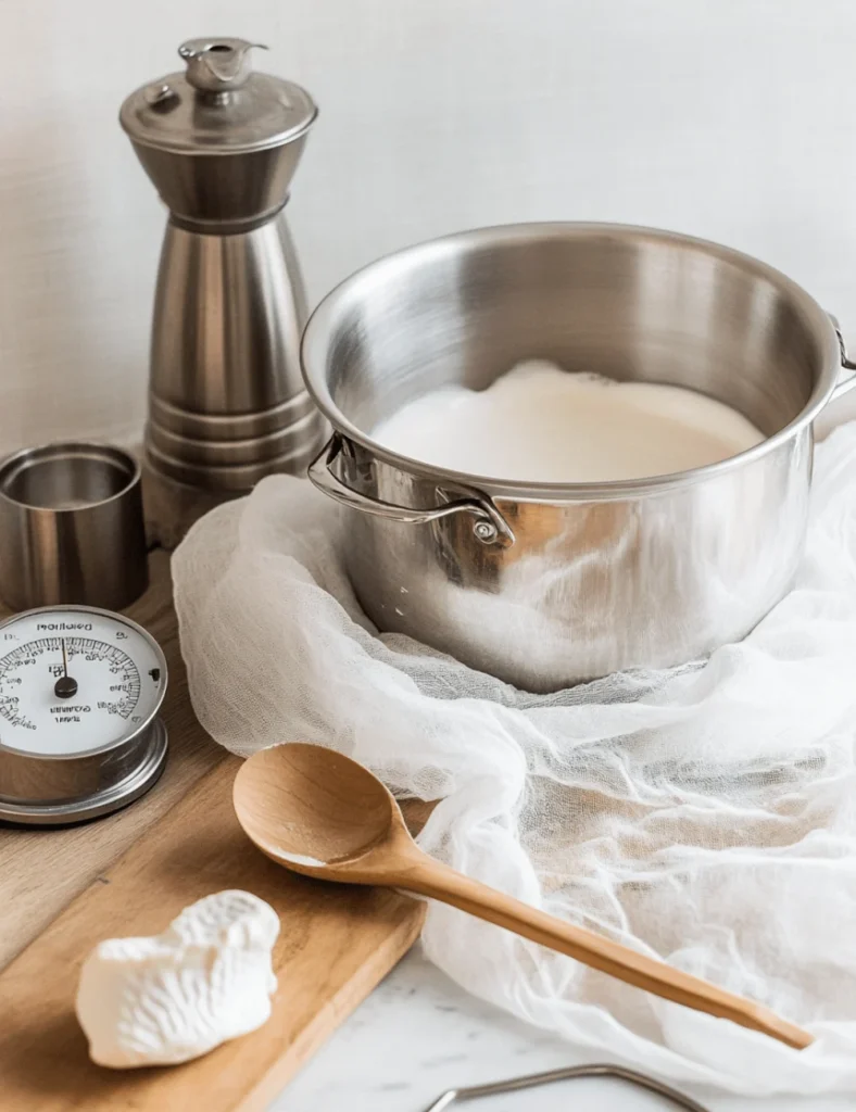 Cheese-making setup with milk in a stainless steel pot, thermometer, cheese mold, and wooden spoon on a wooden board