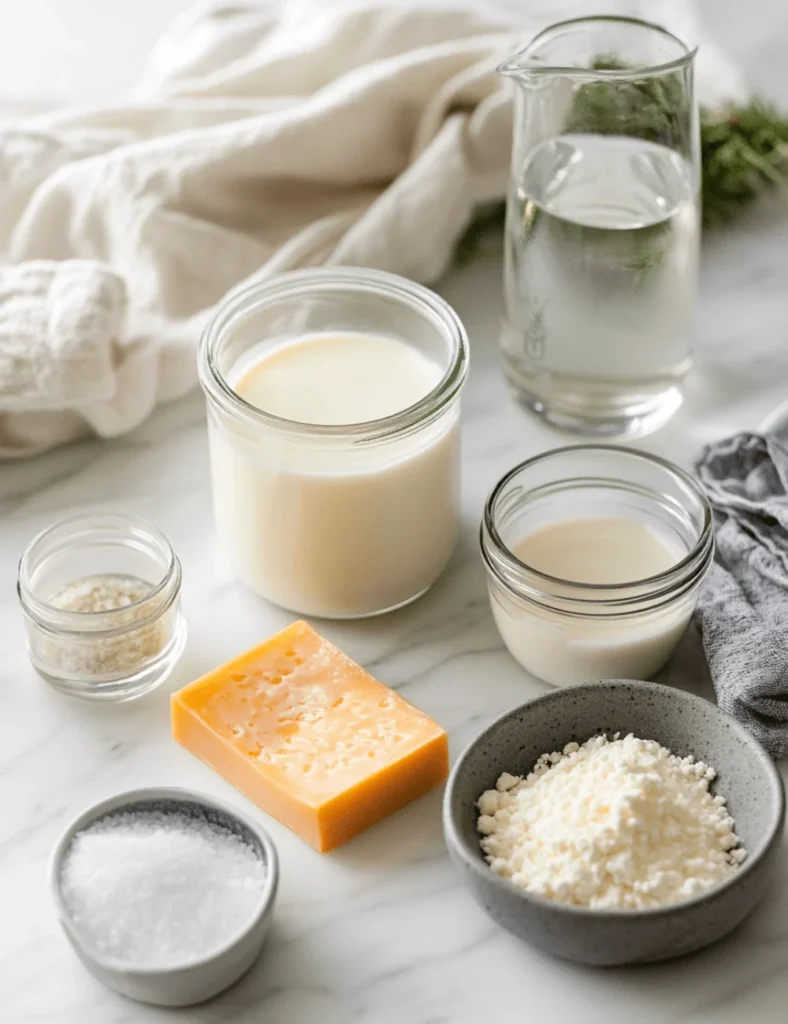ngredients for homemade Colby Jack cheese, including milk, rennet, salt, and cheese curds, displayed on a marble countertop