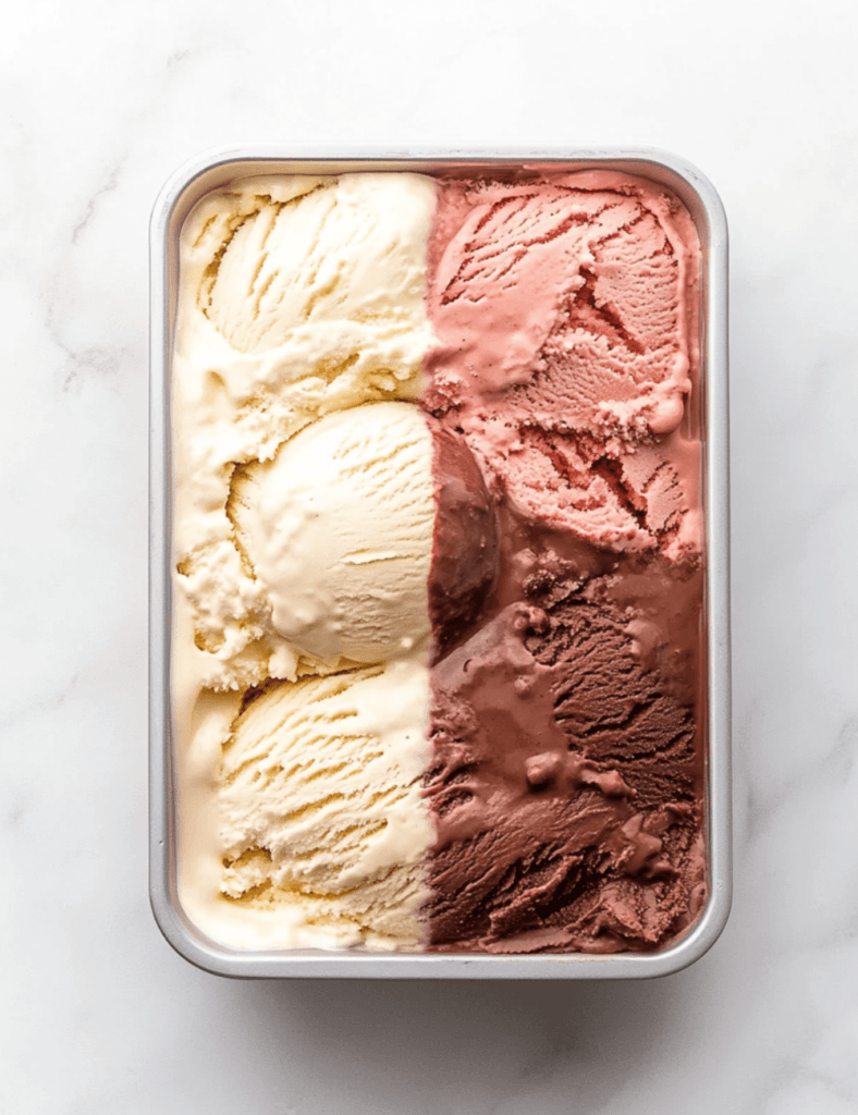 Neapolitan ice cream in a container with vanilla, strawberry, and chocolate sections neatly divided