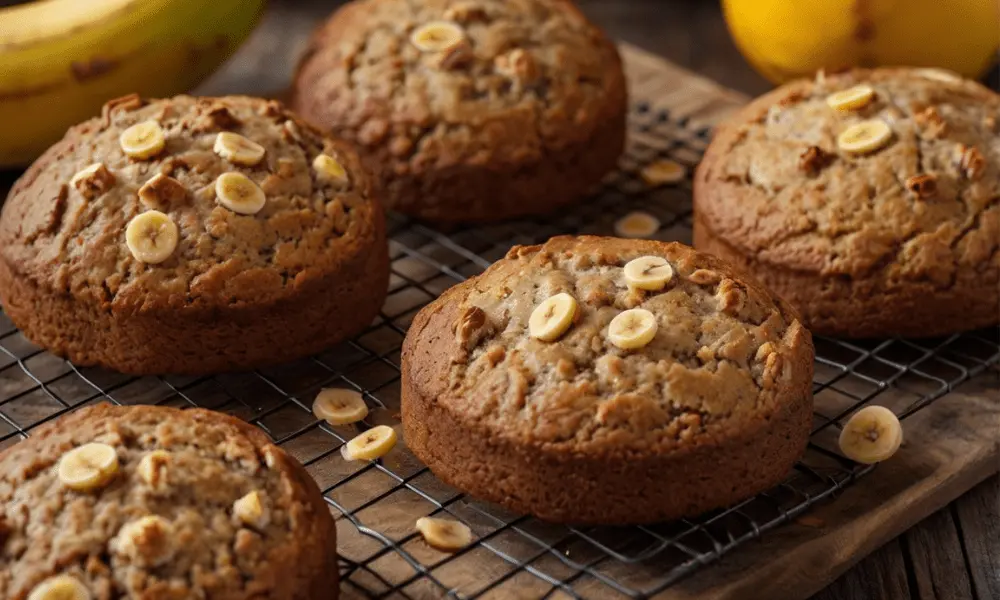 Freshly baked banana bread cookies topped with banana slices, cooling on a wire rack.