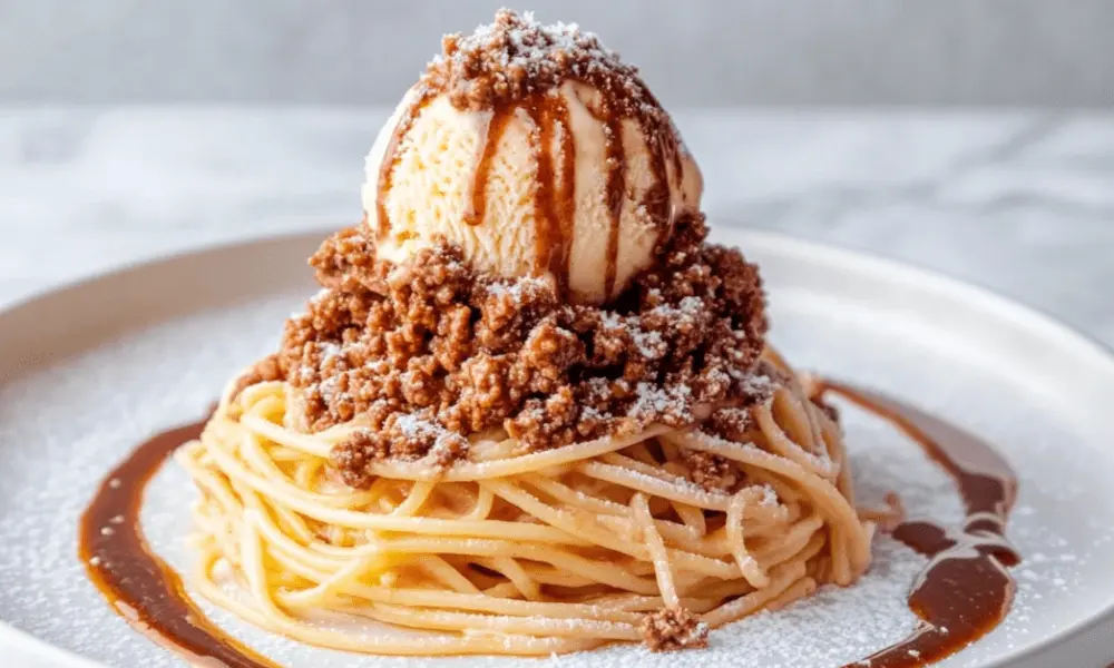 Bolognese Ice Cream dessert featuring spaghetti-shaped sweet pasta, crumbled topping, and caramel drizzle with a scoop of ice cream on a white plate