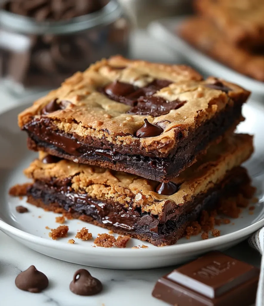 A stack of chewy brookies with melted chocolate chips, featuring a crispy cookie top and fudgy brownie base.