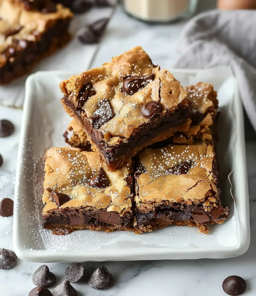 A stack of brookies, a combination of fudgy brownies and chewy chocolate chip cookies, dusted with powdered sugar on a white plate.