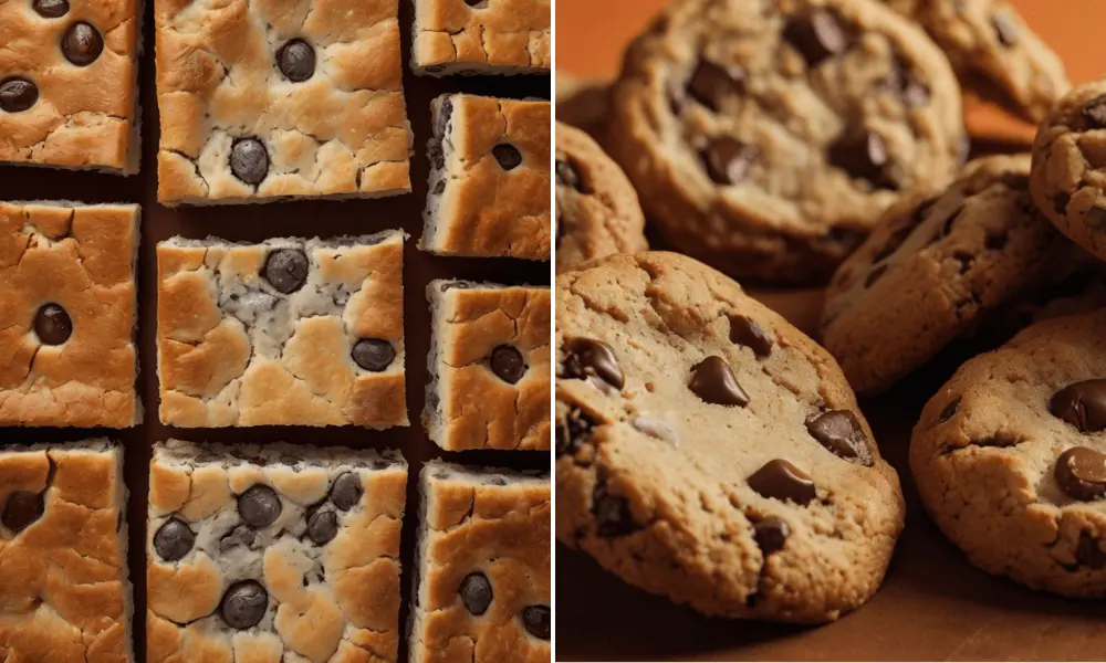 Brookie squares with chocolate chips next to chocolate chip cookies on a baking tray, showcasing the hybrid dessert of brownies and cookies