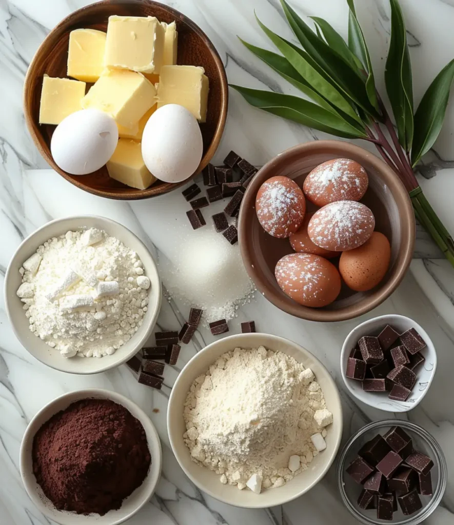 Ingredients for brookies, including butter, eggs, flour, cocoa powder, and chocolate chunks on a marble surface.