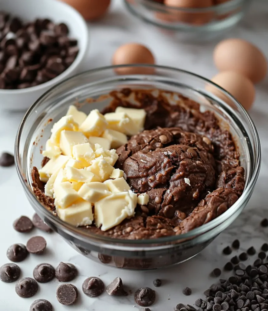 Partially mixed brookies dough with chunks of butter in a glass bowl, surrounded by chocolate chips and eggs.