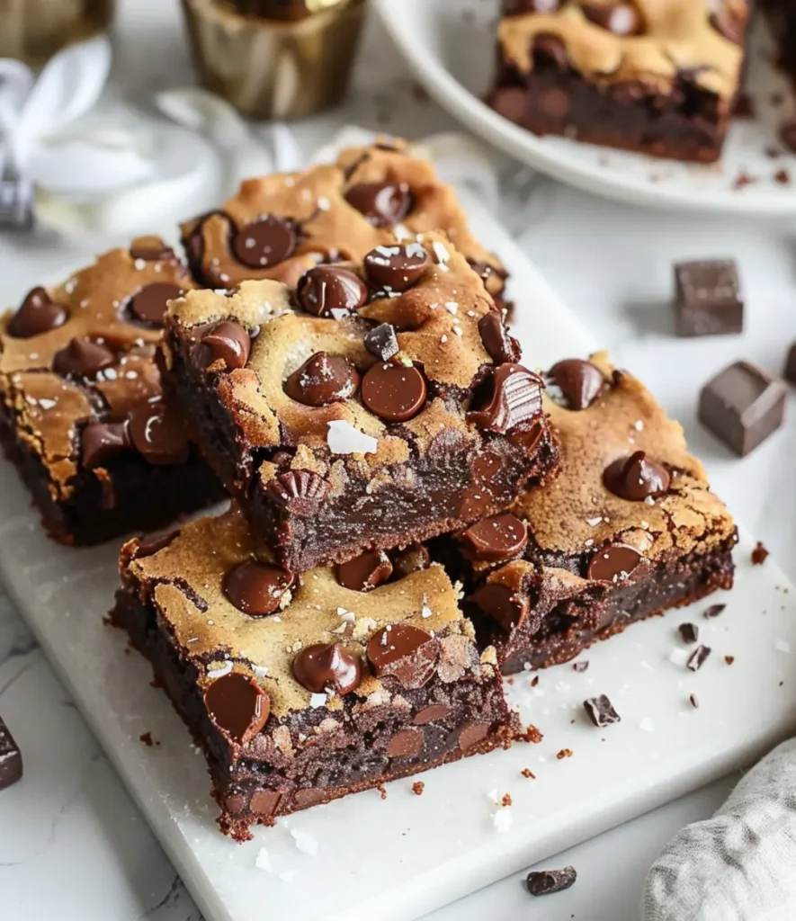 A stack of fudgy brookies with melted chocolate chips, featuring a chewy brownie base and a golden cookie top, sprinkled with sea salt.