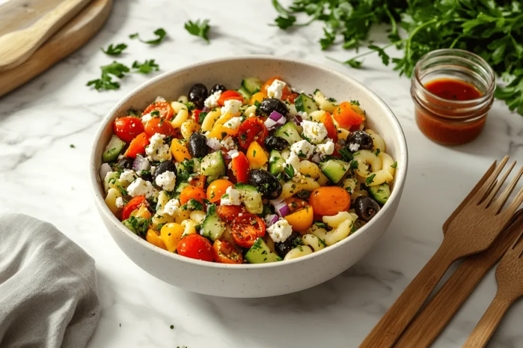 Classic ditalini pasta salad with cherry tomatoes, cucumbers, black olives, feta cheese, and fresh parsley in a white bowl