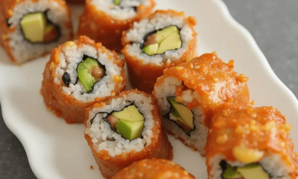 Close-up of Boston Roll sushi with avocado, rice, nori, and a bright orange outer layer served on a white plate