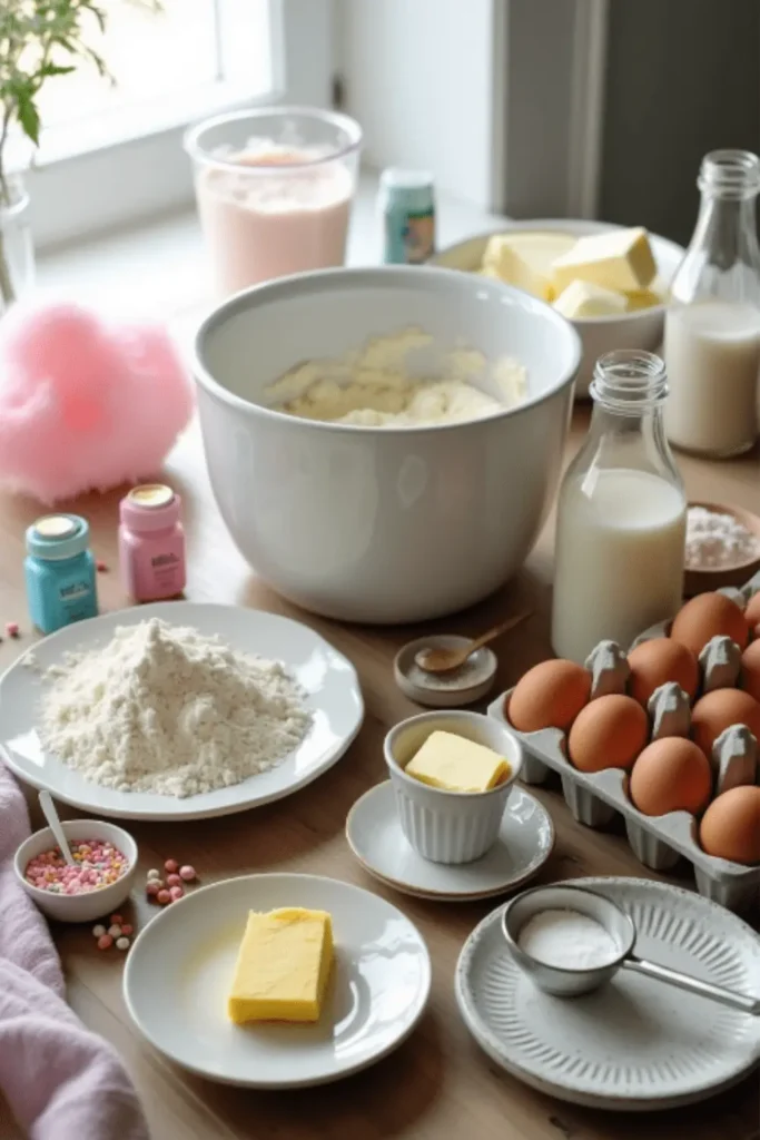 Cotton candy cake ingredients including butter, flour, eggs, milk, and colorful sprinkles on a wooden table