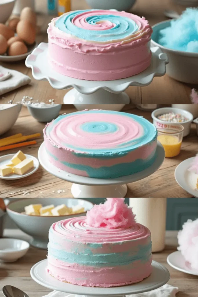 Cotton candy cake preparation with pink and blue frosting being applied to cake layers.