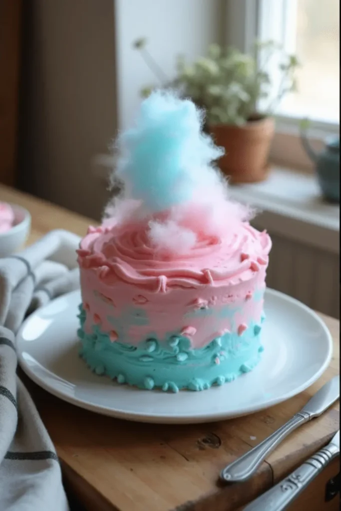 Homemade pink and blue cotton candy cake with textured frosting, placed on a white plate in a cozy kitchen setting, natural light through a window in the background