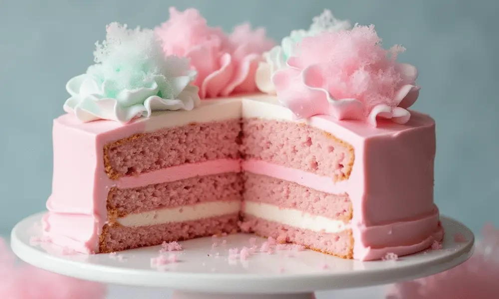 Cotton candy cake with pastel pink and white frosting, layered with fluffy sponge and topped with cotton candy decorations