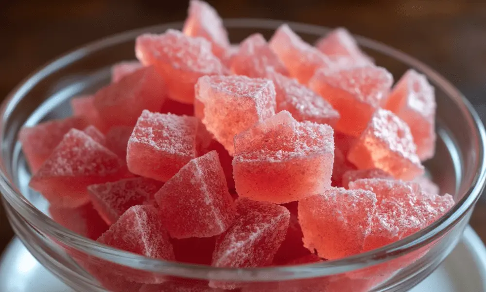 Crystal Candy in a glass bowl with a powdered sugar coating, showcasing its vibrant pink color and delicate texture