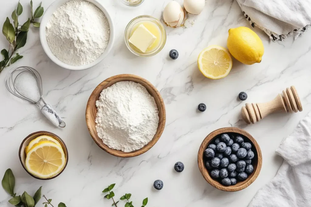 Flat lay of lemon blueberry cookies ingredients, including fresh blueberries, lemons, flour, butter, and eggs, beautifully arranged on a marble background.