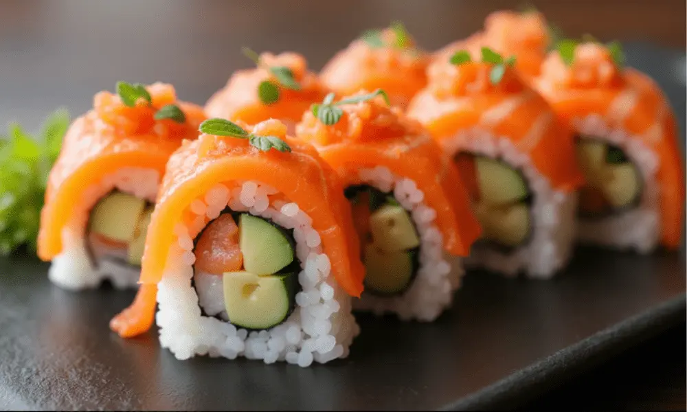 Close-up of Alaska Roll sushi with fresh salmon, avocado, cucumber, and rice, garnished with microgreens on a black plate.