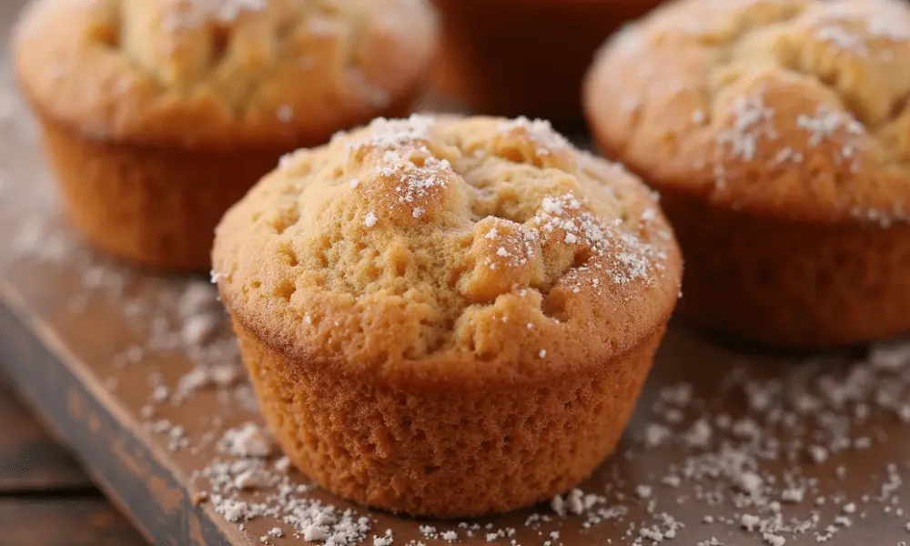 Close-up of freshly baked Vegetarian Cinnamon Sugar Donut Muffins topped with powdered sugar on a wooden tray