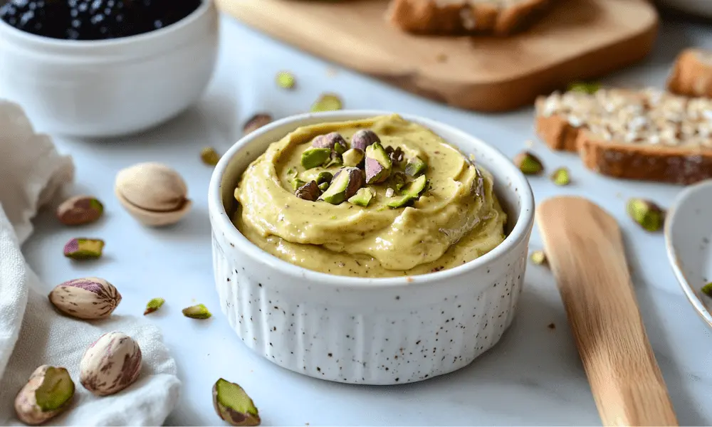 Homemade pistachio butter in a ceramic bowl garnished with chopped pistachios, served with bread and fresh blackberries