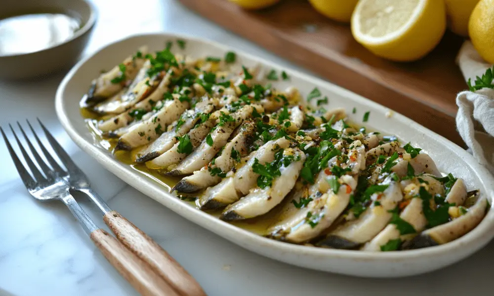 Boquerones marinated in olive oil, garlic, parsley, and spices, served on a white platter with fresh lemon wedges