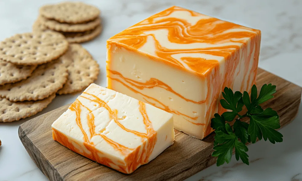 Block of Colby Jack cheese with vibrant orange and white marbling, served with crackers and parsley on a wooden board