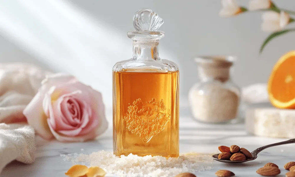 Elegant glass bottle of homemade orgeat syrup surrounded by almonds, rose petals, sugar, and fresh orange on a light background