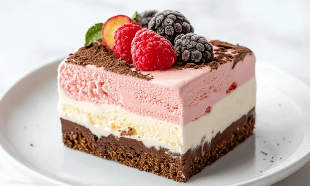 Slice of Neapolitan ice cream with chocolate, vanilla, and strawberry layers, topped with fresh raspberries and blackberries