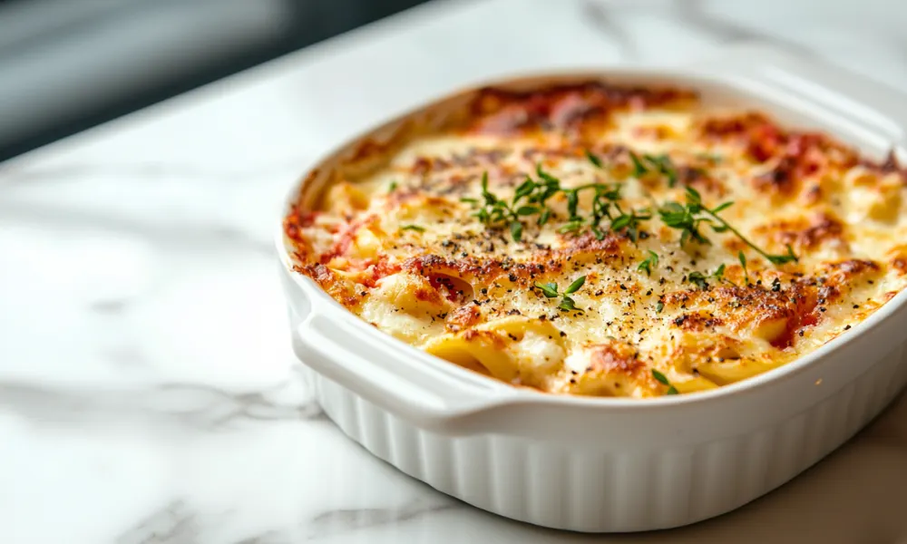 Baked ditalini pasta in a creamy cheese sauce, garnished with fresh thyme, served in a white casserole dish