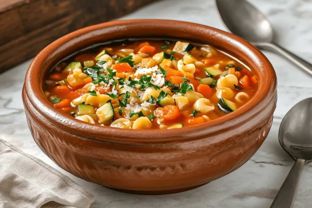 Hearty ditalini minestrone soup with carrots, zucchini, and fresh parsley in a rustic ceramic bowl