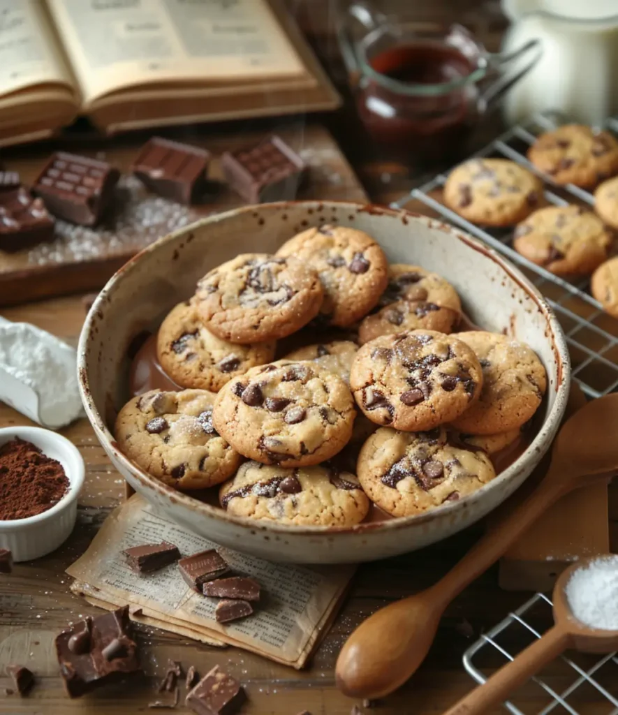 A bowl of freshly baked chocolate chip cookies, dusted with powdered sugar, surrounded by baking ingredients and vintage recipe books.