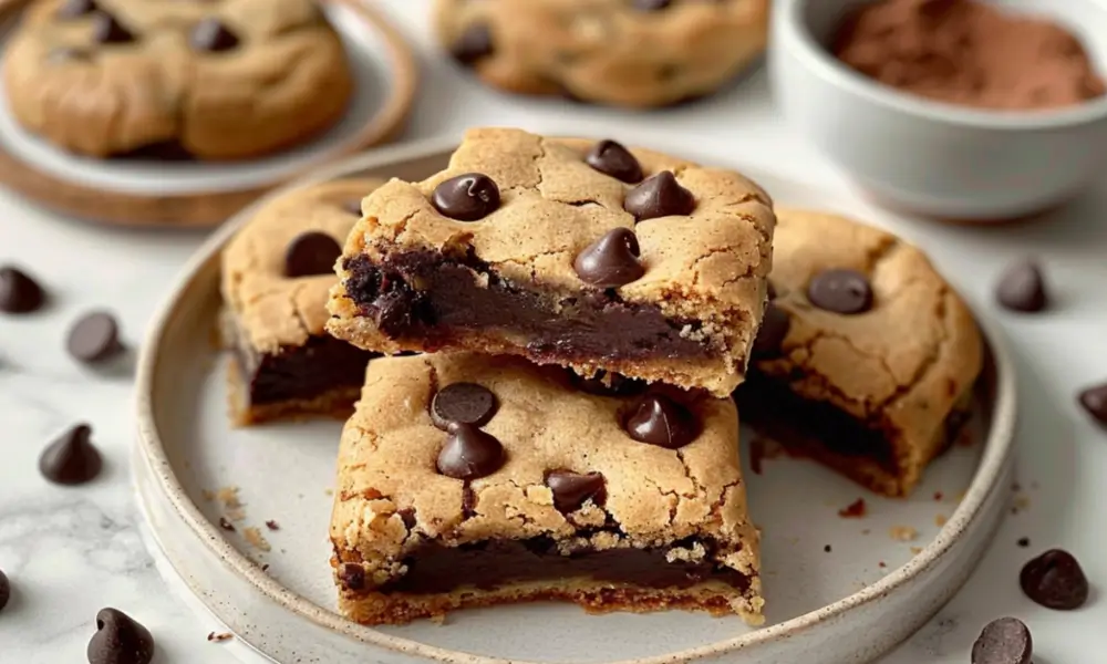 A stack of gooey brookies with a fudgy brownie layer and a golden chocolate chip cookie top, garnished with melted chocolate chips on a ceramic plate