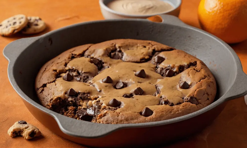 Freshly baked brookies made with brownie mix and cookie dough, topped with chocolate chips, served in a cast iron skillet on an orange background.