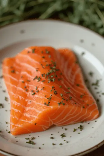 Fresh cold-smoked salmon fillet garnished with herbs on a white plate
