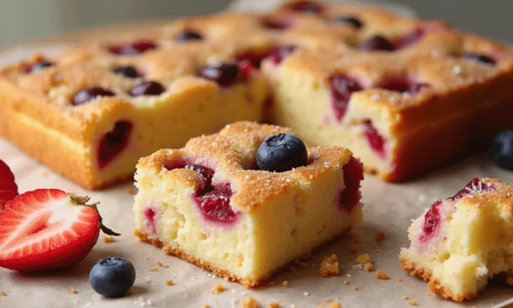 Kefir sheet cake with strawberries and blueberries, topped with sugar, on a baking tray – light and fluffy homemade cake.