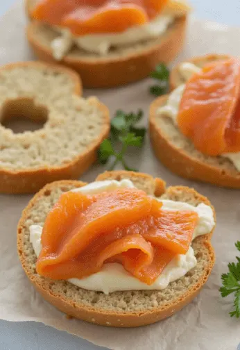 Healthy lox bagel with smoked salmon and cream cheese, garnished with fresh parsley on parchment paper