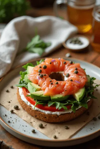 Open-faced lox bagel with smoked salmon, avocado, cream cheese, arugula, tomato, and capers on a rustic plate