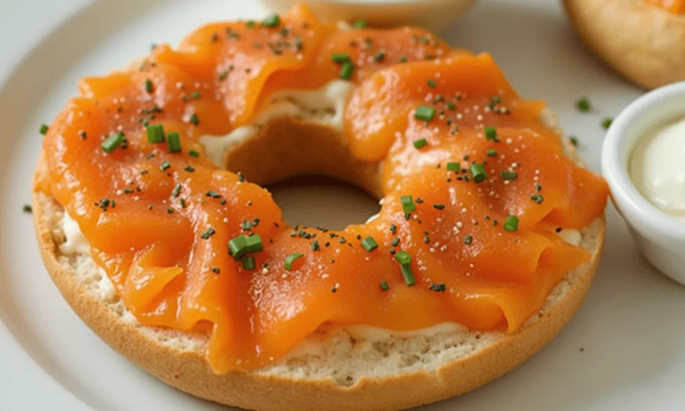 Delicious Lox Bagel with cream cheese, smoked salmon, and chives on a white plate