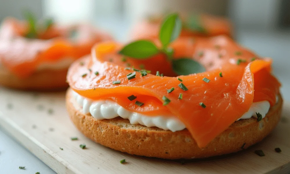 Smoked salmon lox bagel with cream cheese, garnished with fresh herbs on a wooden cutting board.