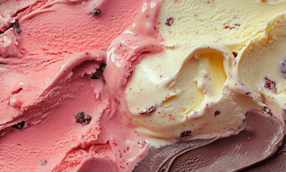 Neapolitan ice cream featuring chocolate, vanilla, and strawberry flavors with a creamy texture