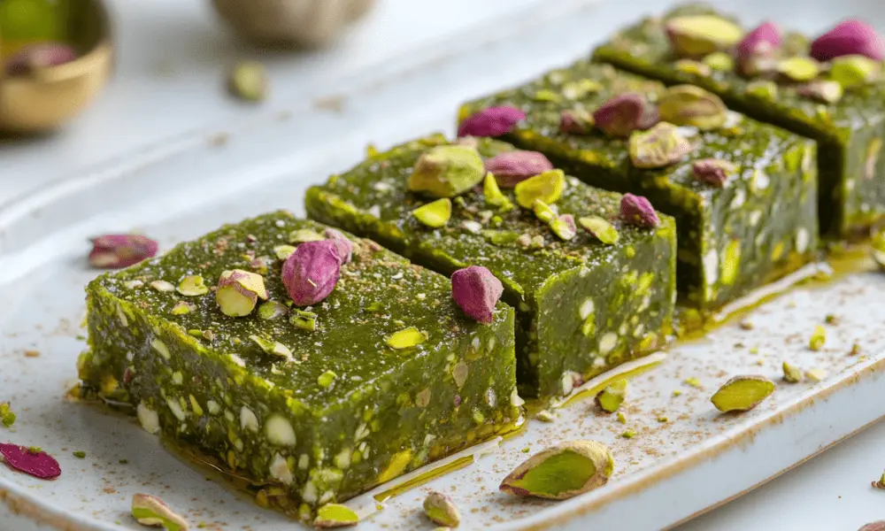 Homemade pistachio butter fudge topped with pistachio pieces and rose petals on a white platter