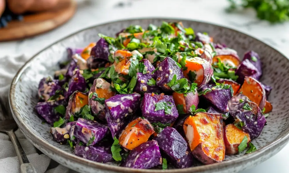 Roasted purple sweet potato salad with fresh herbs and tahini dressing in a rustic bowl, perfect for a healthy and versatile lunch option