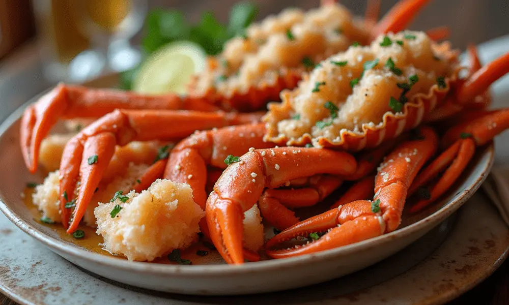 Homemade baked crab legs served with buttery breadcrumbs, garnished with fresh parsley on a rustic ceramic plate in a cozy lunch setting