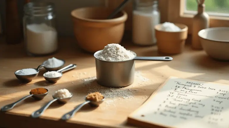 A cozy kitchen setup with measuring spoons, a metal measuring cup filled with flour, and a recipe sheet, illustrating ingredient measurements