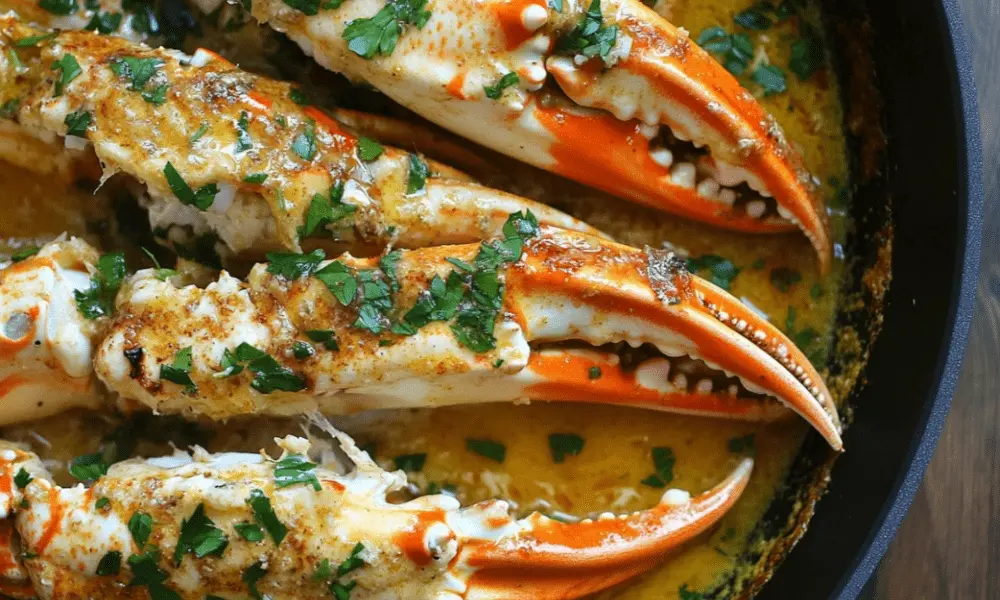 Snow crab legs cooked in a flavorful butter sauce, garnished with fresh parsley, served in a skillet for a delicious seafood meal