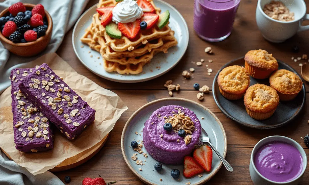 A variety of breakfast dishes made with purple sweet potato, including waffles, energy bars, muffins, and smoothie bowls with fresh berries.