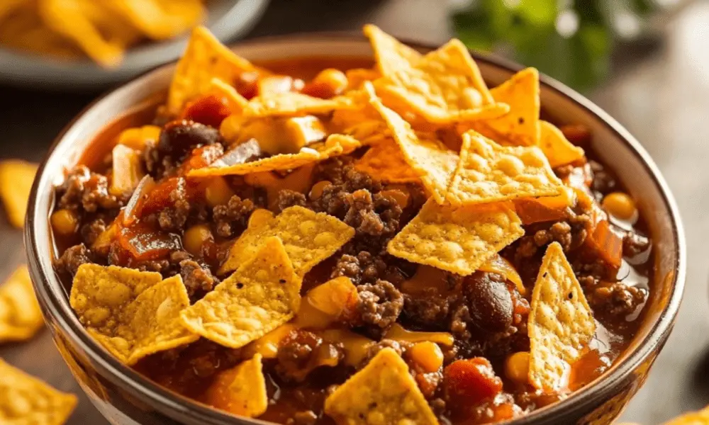 Taco Soup with Fritos in a bowl, featuring seasoned ground beef, beans, corn, tomatoes, and crunchy Fritos on top, served on a wooden table