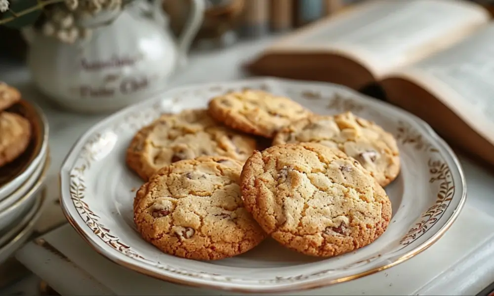 A plate of freshly baked American Cookery 1796 cookies with a golden, crisp texture and chocolate chips, served on a vintage porcelain dish. A cozy background with an open cookbook and teapot enhances the rustic charm.