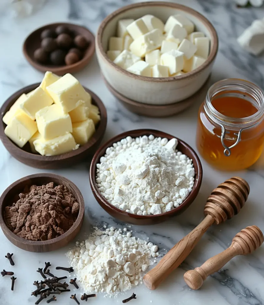 A rustic display of ingredients for American Cookery 1796 cookies, including butter, flour, honey, cocoa powder, cloves, and chocolate. Arranged in wooden and ceramic bowls on a marble surface for a vintage baking aesthetic.
