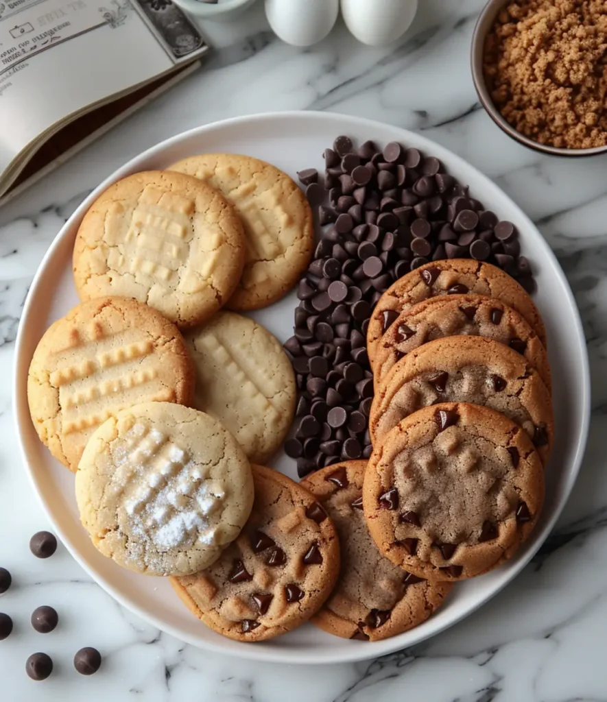 A comparison of American Cookery 1796 cookies and modern cookies, featuring traditional sugar cookies with fork marks alongside chocolate chip cookies, displayed on a white plate with chocolate chips and brown sugar.