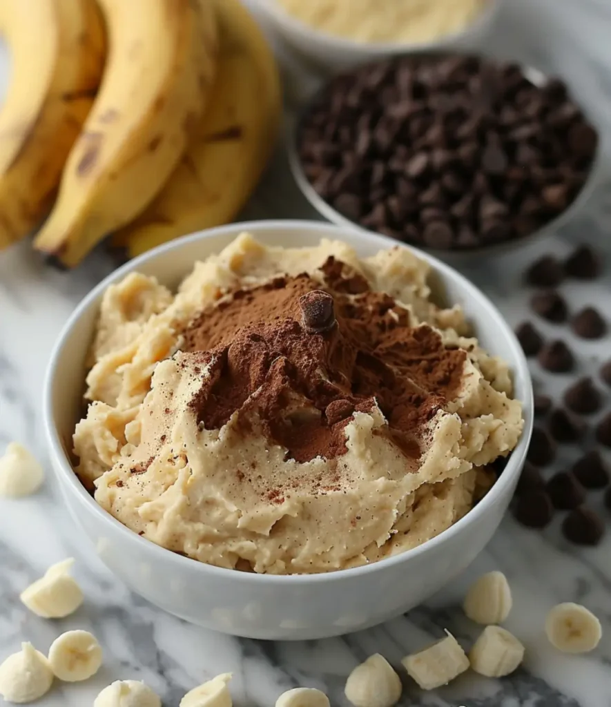 A bowl of banana bread cookie dough topped with cocoa powder and chocolate chips, surrounded by white chocolate chips and ripe bananas on a marble countertop.